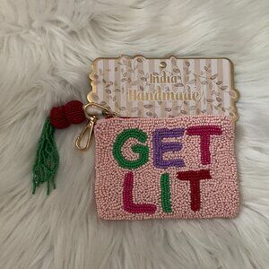 INDIA HANDMADE Get Lit Seed Beaded Coin/Card Case in Pink Multi